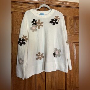 CeCe White Sweater with Tan and Brown Floral Accents